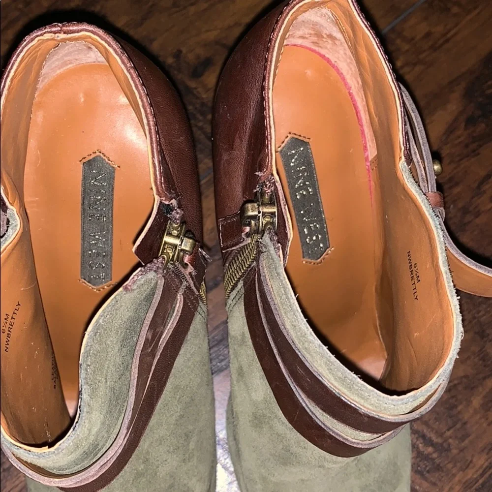 Nine West Olive Green Suede Ankle Booties with Brown Leather Straps - Picture 7 of 8